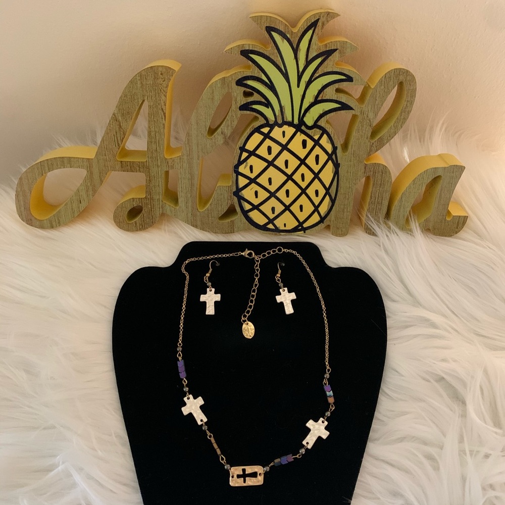 Mixed Metal Cross Necklace and Earring Set
